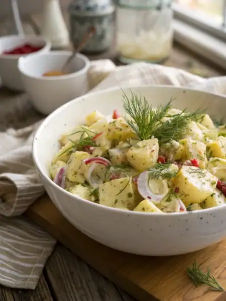 Mustard potato salad with chunks of potato, red onion and celery in creamy dressing garnished with dill sprigs.