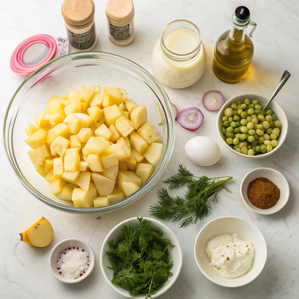 Mustard potato salad with eggs, pickles & fresh dill. Clean flatlay shows prepped ingredients in bowls.