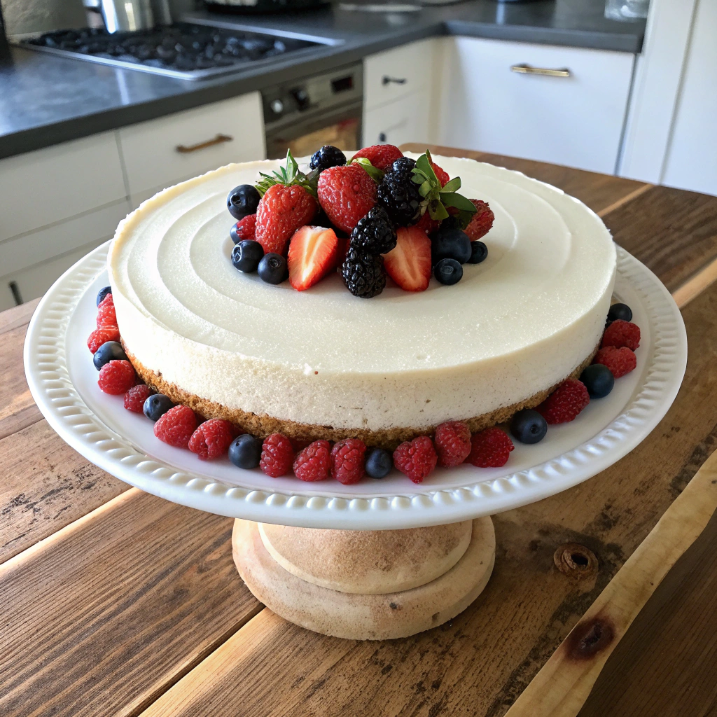 No-bake cheesecake with fresh berry topping, smooth texture, rustic wooden table setting