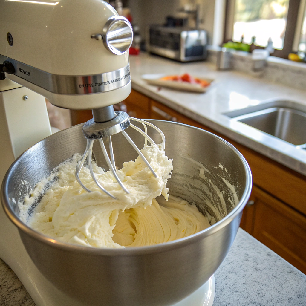 No-bake cheesecake cream cheese mixture at peak smoothness, showing ribbon-like texture when lifted.