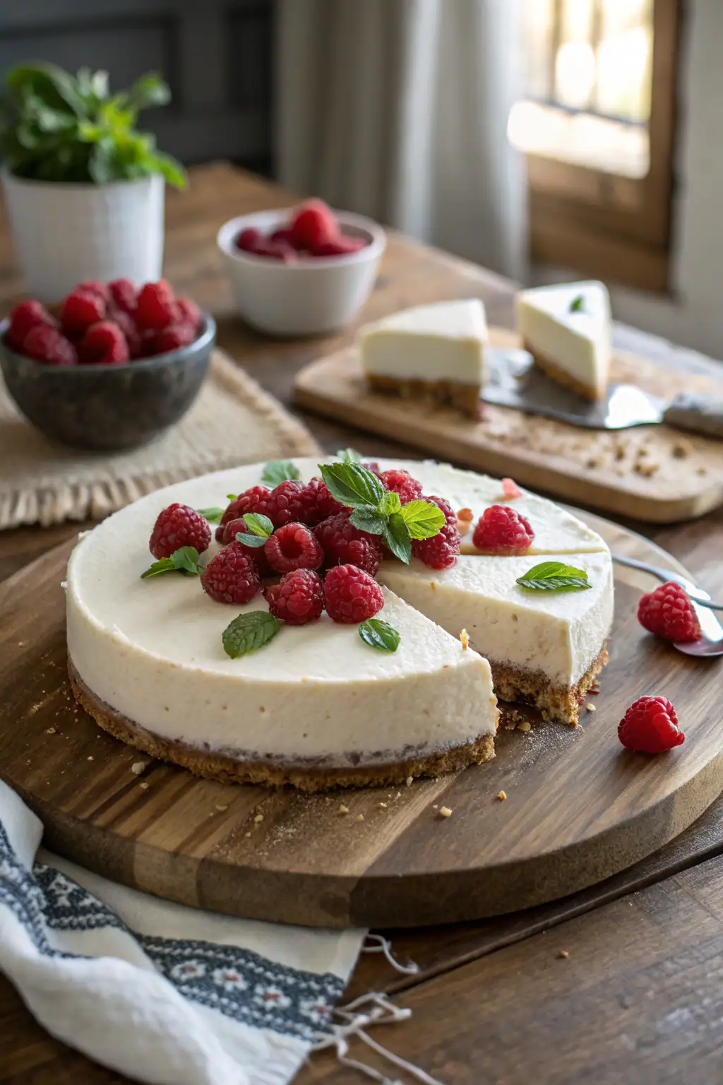 No-bake cheesecake with raspberries, smooth creamy texture, garnished with mint on rustic wood table