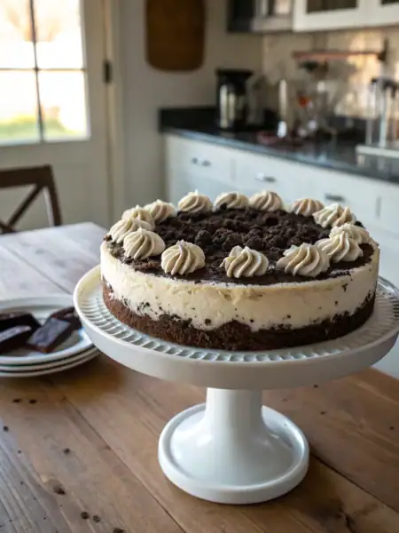 Oreo cheesecake with creamy swirled border and crushed cookie topping on ceramic stand, drool-worthy dessert.
