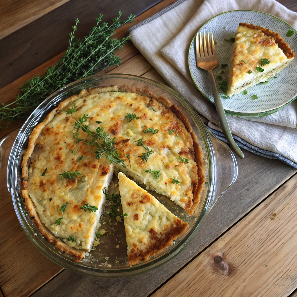 Overhead shot of crispy layered passover potato pie garnished with fresh herbs, served on wooden table in modern kitchen setting.