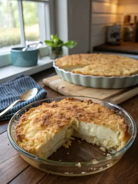Passover potato pie with crispy top, creamy interior and potatoes in a glass dish on wooden table. Appetizing sliced portion 45-degree shot.
