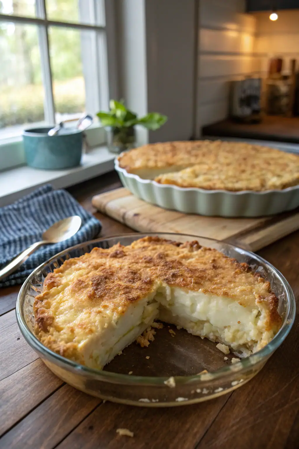 Passover potato pie with crispy top, creamy interior and potatoes in a glass dish on wooden table. Appetizing sliced portion 45-degree shot.