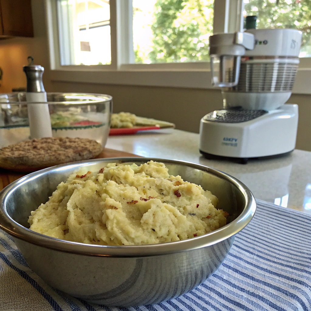 Passover potato pie prep: grated potato-onion mixture draining in bowl, grater processor shown. Appetizing close-up captures baking process.