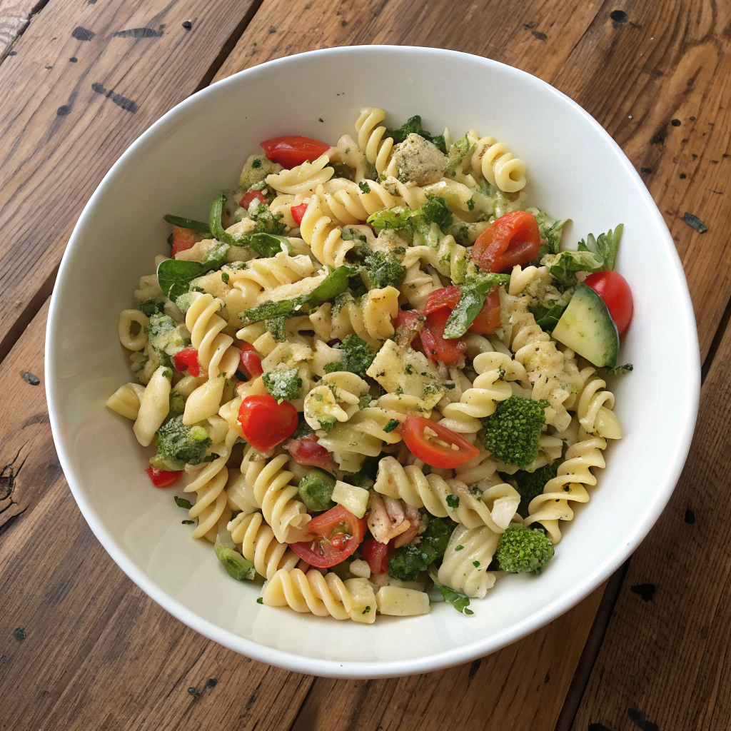 Pasta primavera salad with rotini pasta, colorful veggies and fresh herbs glistening with tangy dressing, beautifully plated.