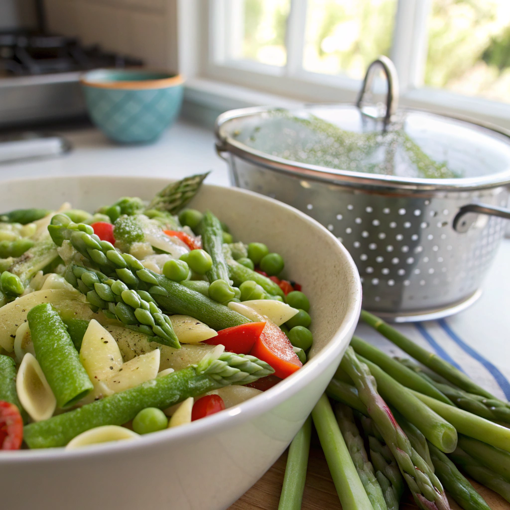 Pasta primavera salad with vibrant asparagus and snap peas, blanched to retain crispness and bright green color.