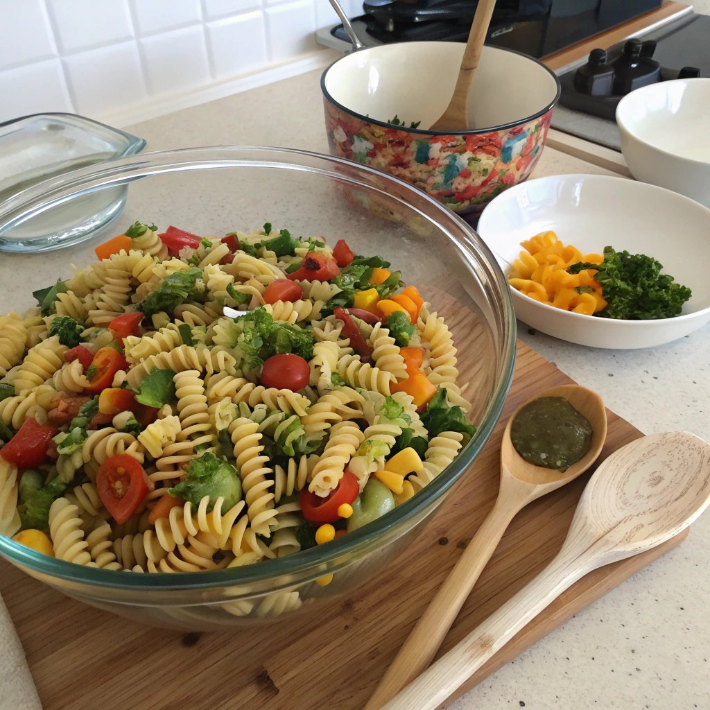 Pasta primavera salad overhead shot with rotini pasta, colorful veggies, ready for dressing in bright kitchen.