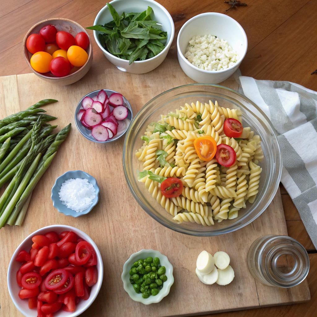 Pasta primavera salad with rotini, cherry tomatoes, peppers, asparagus on wooden table with fresh ingredients.