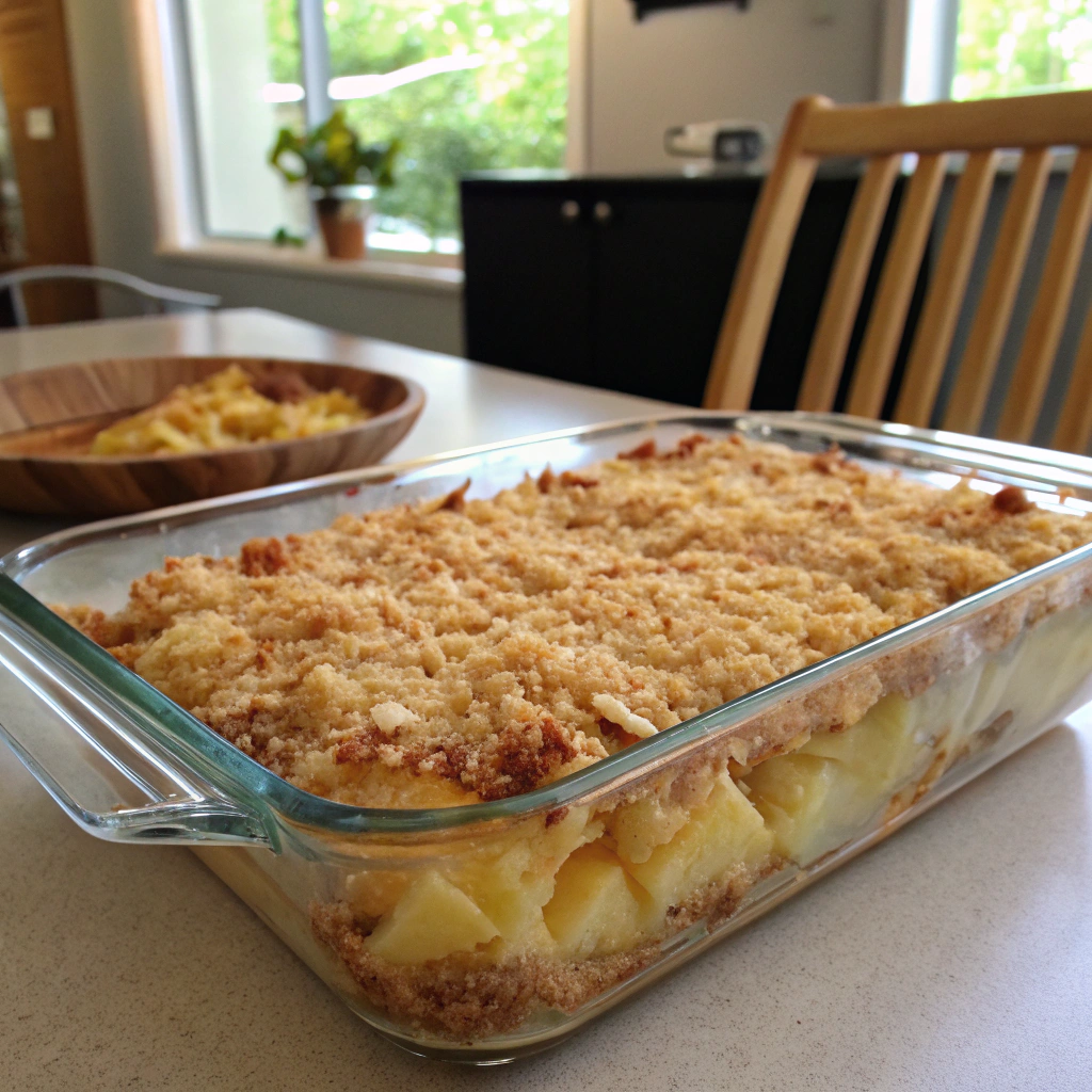 Pineapple casserole layers with buttery cracker topping, showcasing even distribution and texture in this macro composition of the pre-baked dish.