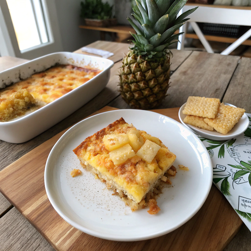 Pineapple casserole with melted cheese, cracker topping in layers - overhead golden baked dish on rustic wooden table.