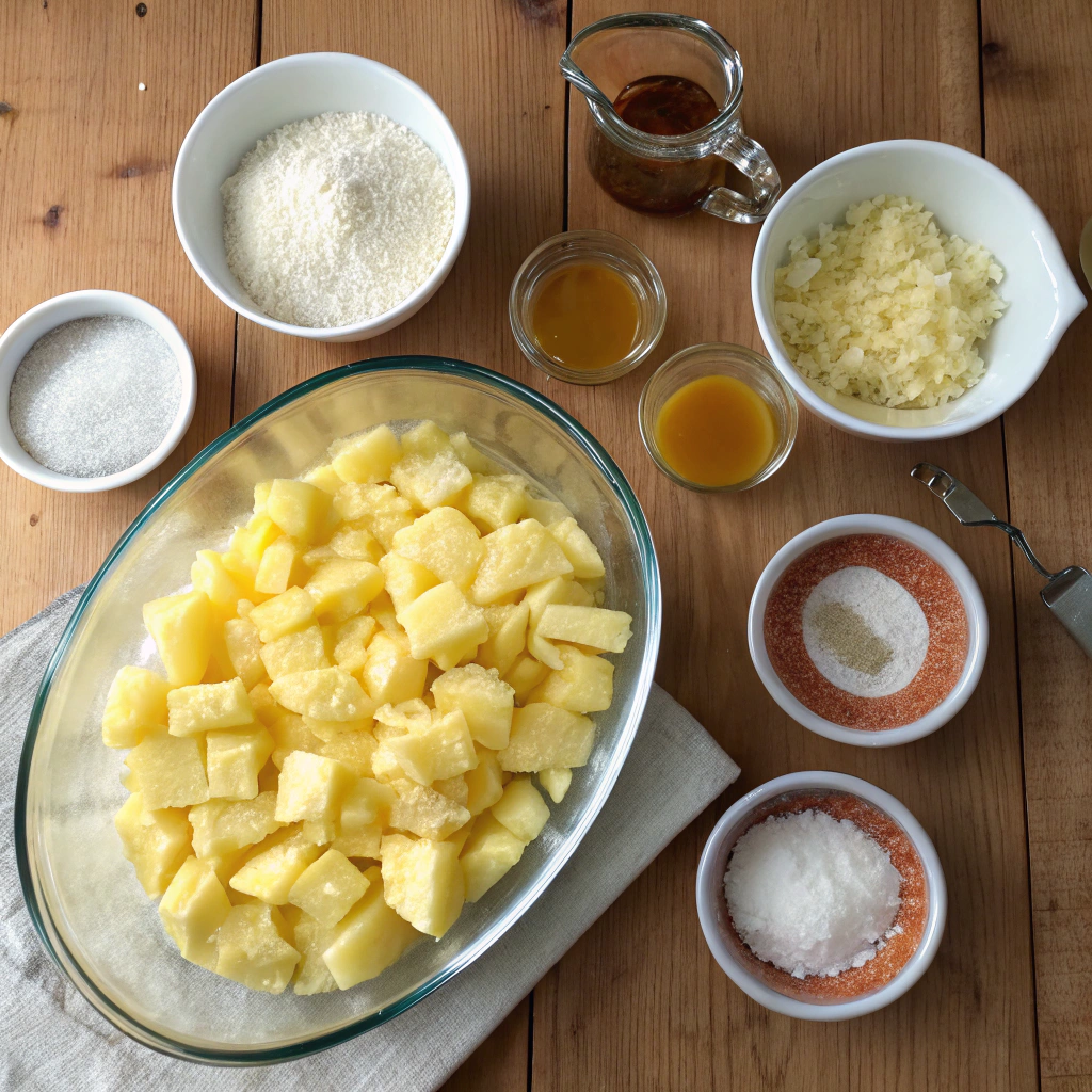 Pineapple casserole ingredients flat lay with pineapple chunks, cheddar, crackers, butter, flour, sugar, showcasing visual appeal.