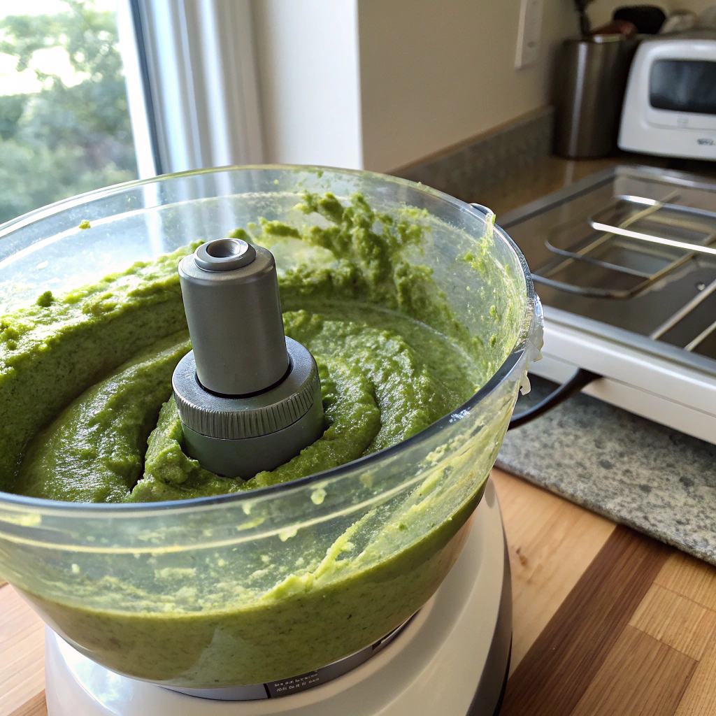 Pistachio creme brulee close-up: bright green pistachio paste with visible fine texture in food processor bowl, modern kitchen.