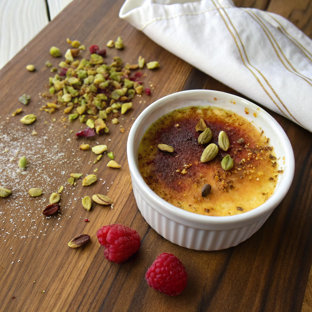 Pistachio creme brulee overhead shot, golden caramelized top, crushed pistachios, raspberry garnish, rustic wooden table, steaming surface.