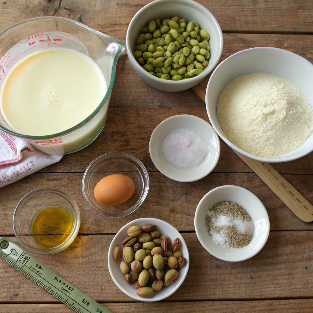 Pistachio creme brulee ingredients: cream, pistachios, eggs, sugars. Flat lay of neatly arranged baking items on rustic wooden table. Bright natural light.