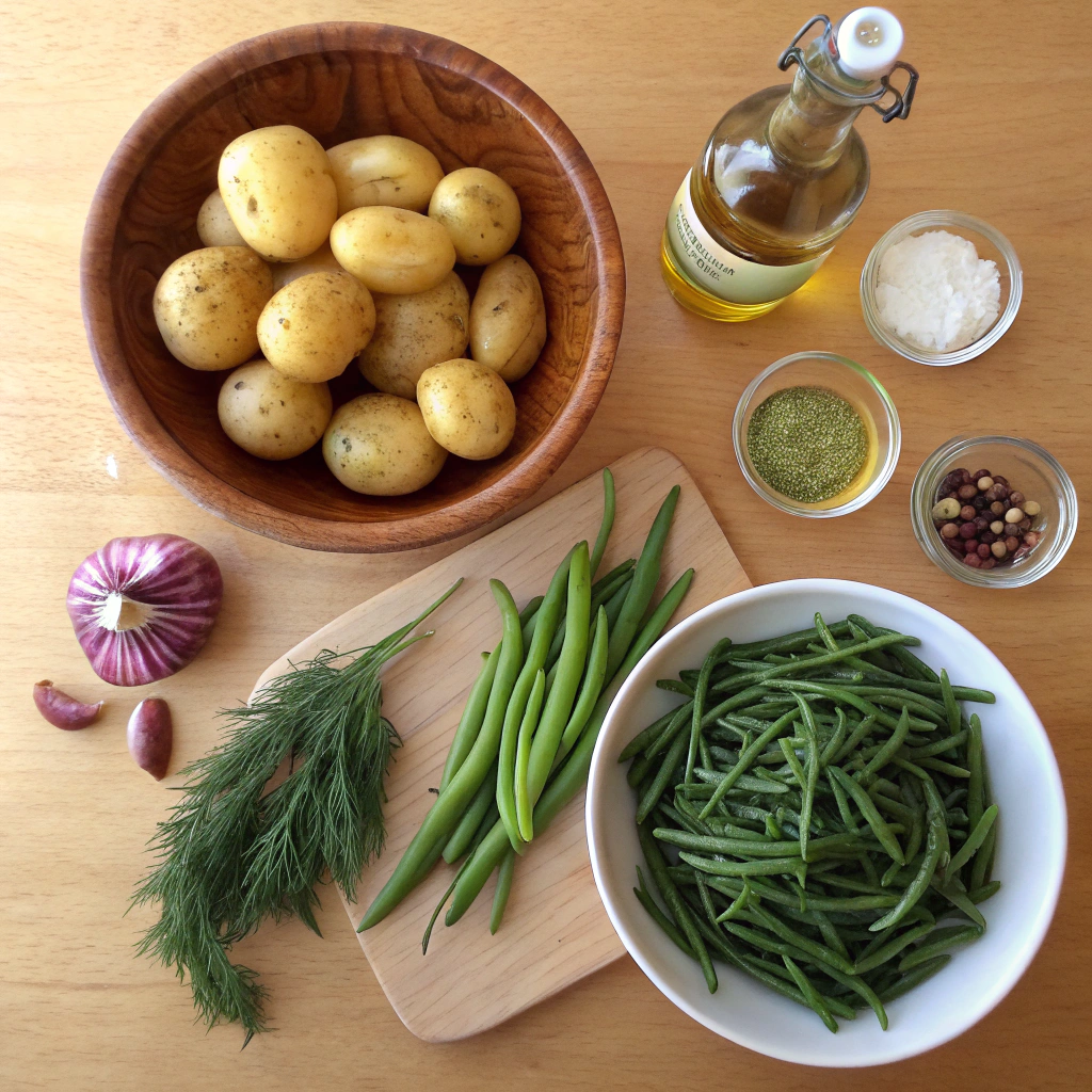 Potato and green bean salad ingredients beautifully arranged: potatoes, beans, onions, herbs, oils, mustard, garlic, almonds. Rustic layout with natural light.