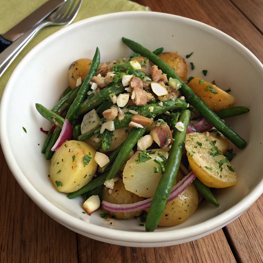 Vibrant overhead shot of potato green bean salad in ceramic bowl with herbs, almonds, potatoes, green beans, red onion.