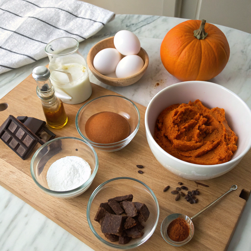 Pumpkin puree and dark chocolate mousse ingredients displayed in a rustic kitchen setting