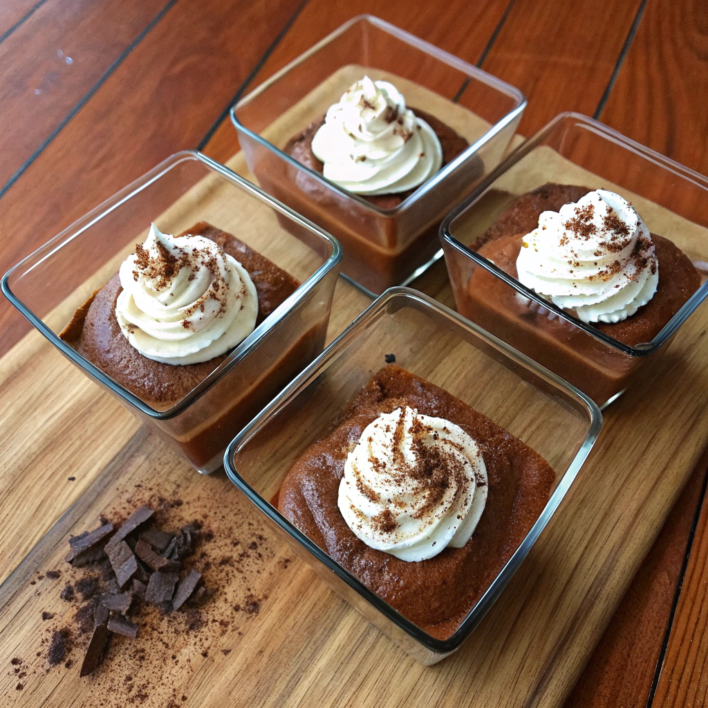 Pumpkin puree and dark chocolate mousse recipe presented in four glass cups with piped cream rosettes