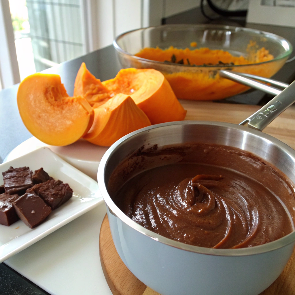 Making pumpkin puree and dark chocolate mousse with melted chocolate in a double boiler