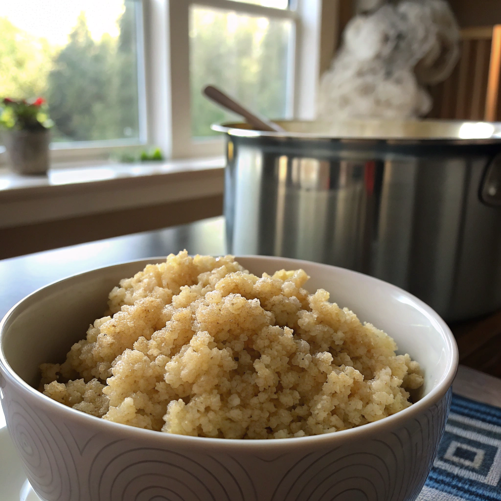 Quinoa breakfast bowl photo: perfectly cooked quinoa with spiral germs, pot, steam, fluffy grains in modern kitchen setting.