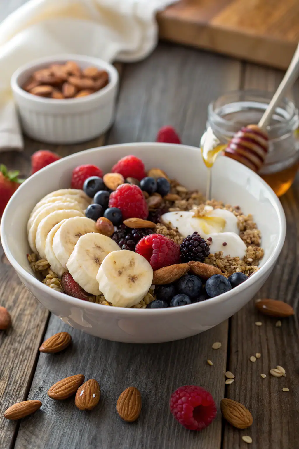 Quinoa breakfast bowl with sliced bananas, berries, almonds, yogurt drizzled with honey. Angled shot of vibrant ingredients in white bowl.