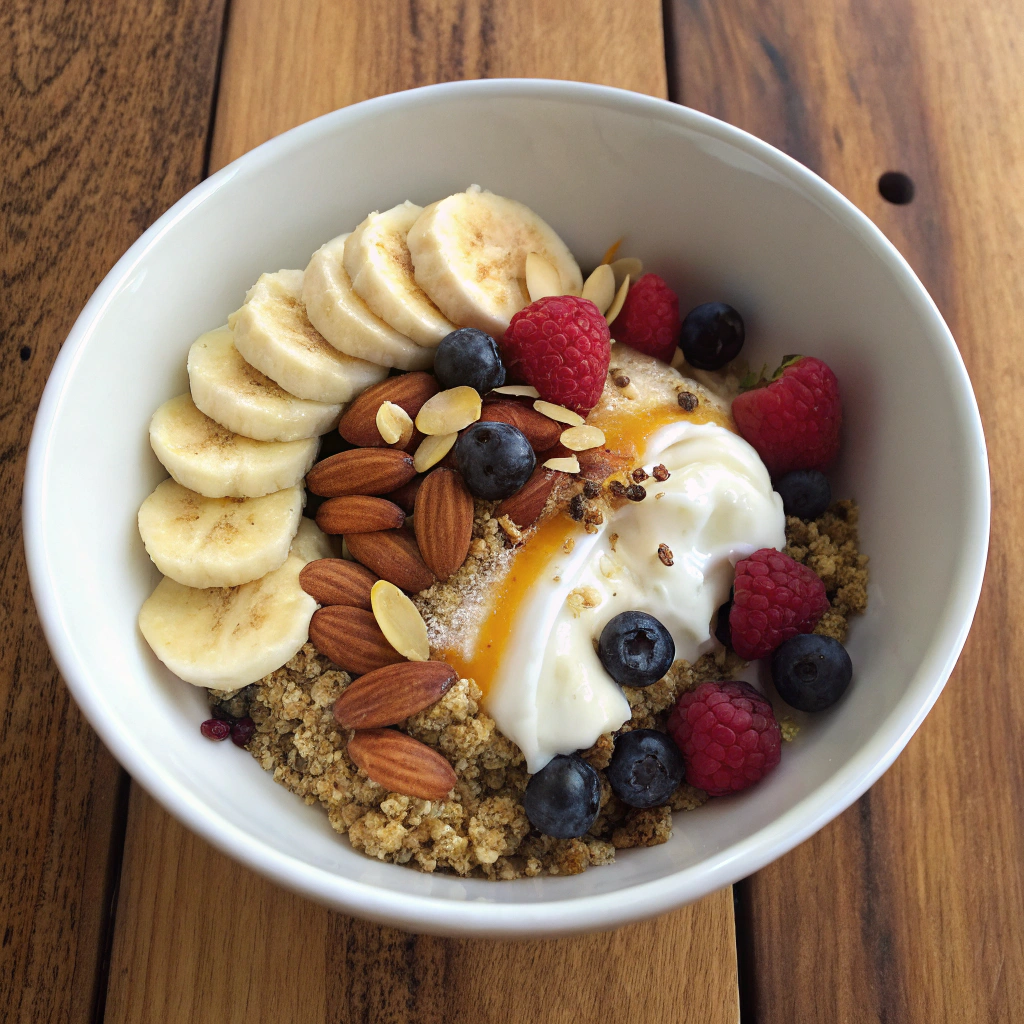 Quinoa breakfast bowl with bananas, berries, almonds, yogurt and honey in white bowl - overhead shot of healthy morning meal.