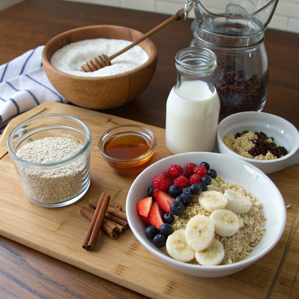 Quinoa breakfast bowl ingredients: quinoa, coconut milk, vanilla, cinnamon, berries, bananas, almonds, honey, yogurt in flat lay composition.