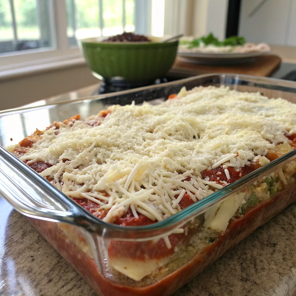 Ramen lasagna macro close-up pre-bake with mozzarella, Parmesan, marinara sauce in glass dish creating inviting kitchen atmosphere.