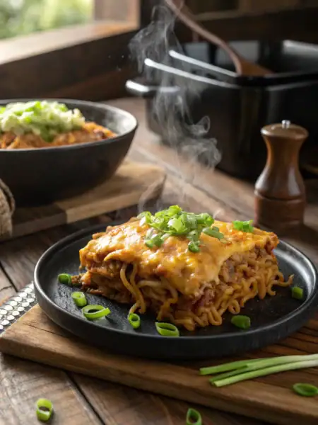 Ramen lasagna photo: melted cheese, green onions, steaming on rustic table. Mouthwatering composition of Italian-Japanese fusion dish.