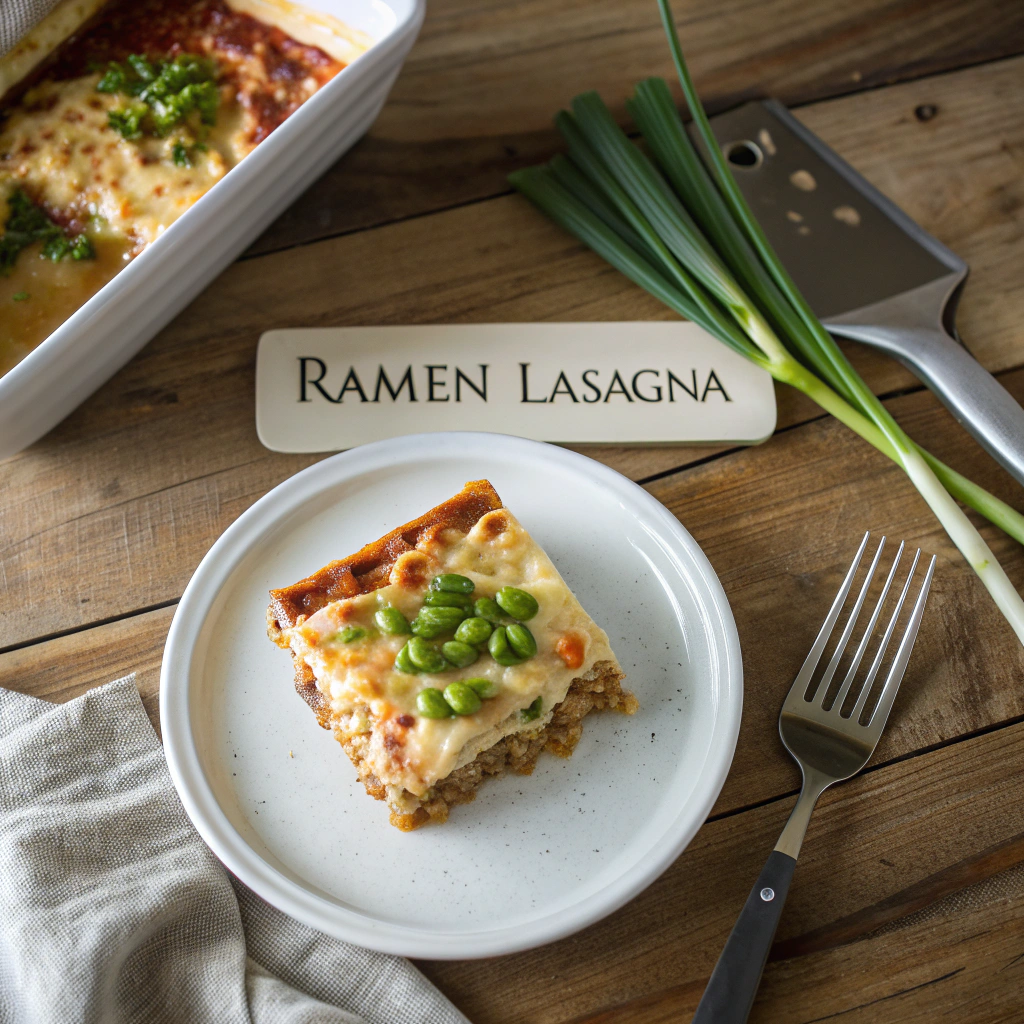 Ramen lasagna overhead photo: layered noodles, sauce, cheese, garnished green onions on white plate, rustic wood table setting