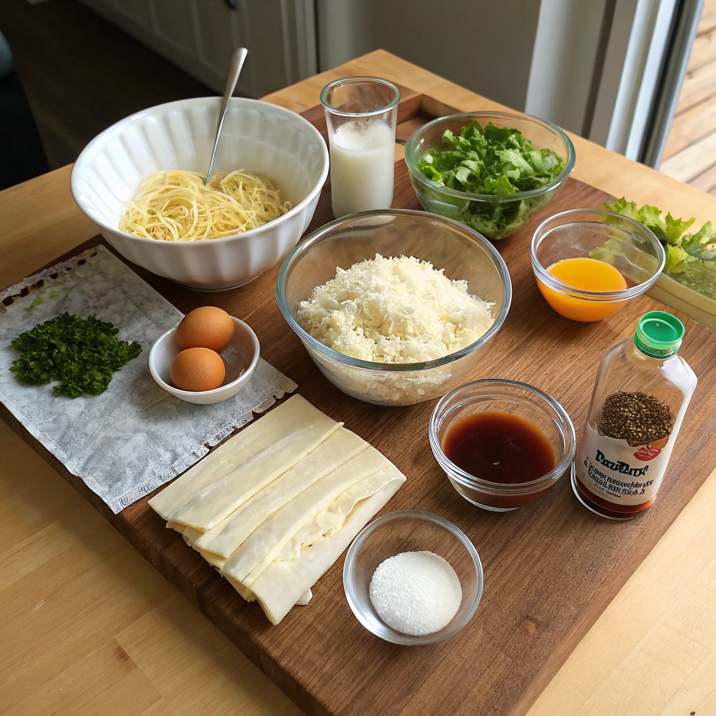 Ramen lasagna ingredients flat lay: ramen, ricotta, eggs, mozzarella, Parmesan, marinara, soy sauce, arranged cleanly for cooking.