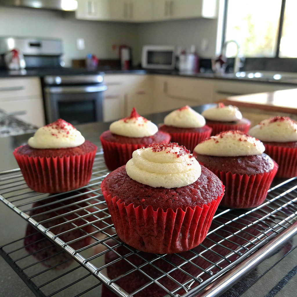 Red velvet cupcakes with buttercream frosting, showcasing moist crumb and perfect dome shape, freshly baked on a cooling rack.