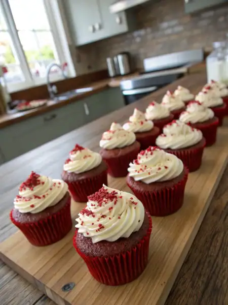 Red velvet cupcakes topped with cream cheese frosting and crumbs, diagonally arranged on rustic wooden table.