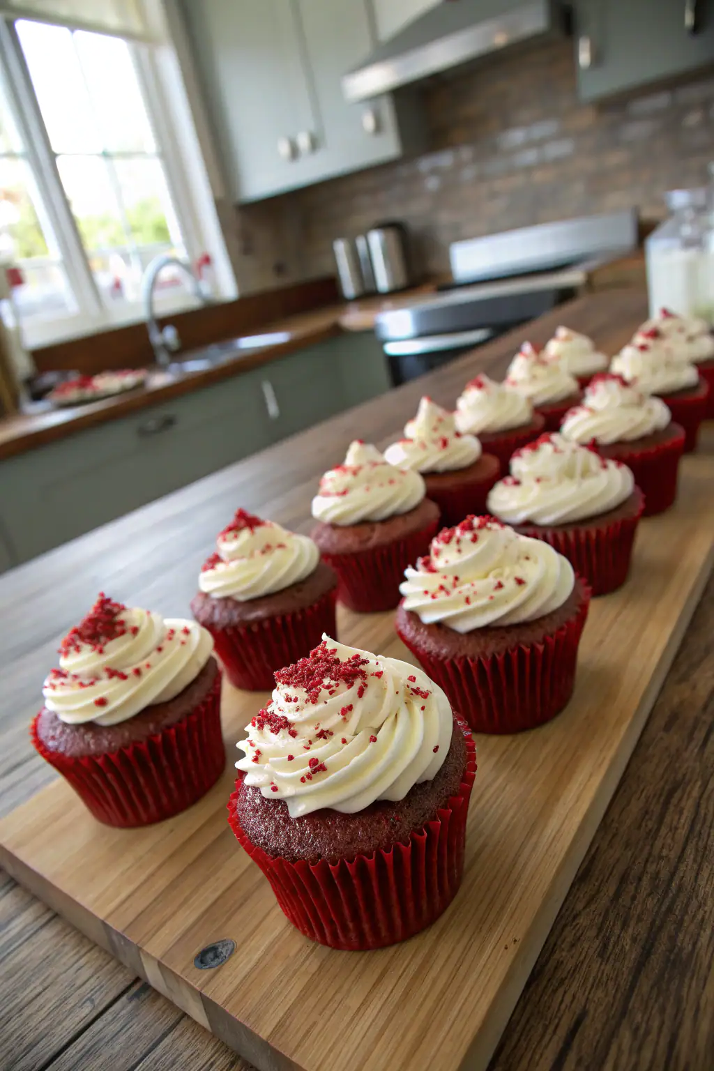Red velvet cupcakes topped with cream cheese frosting and crumbs, diagonally arranged on rustic wooden table.