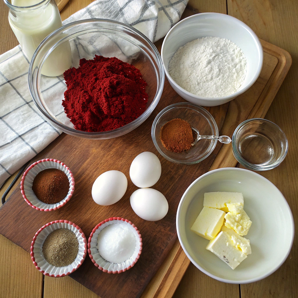 Red velvet cupcakes ingredients including cocoa powder, buttermilk, arranged neatly for baking.