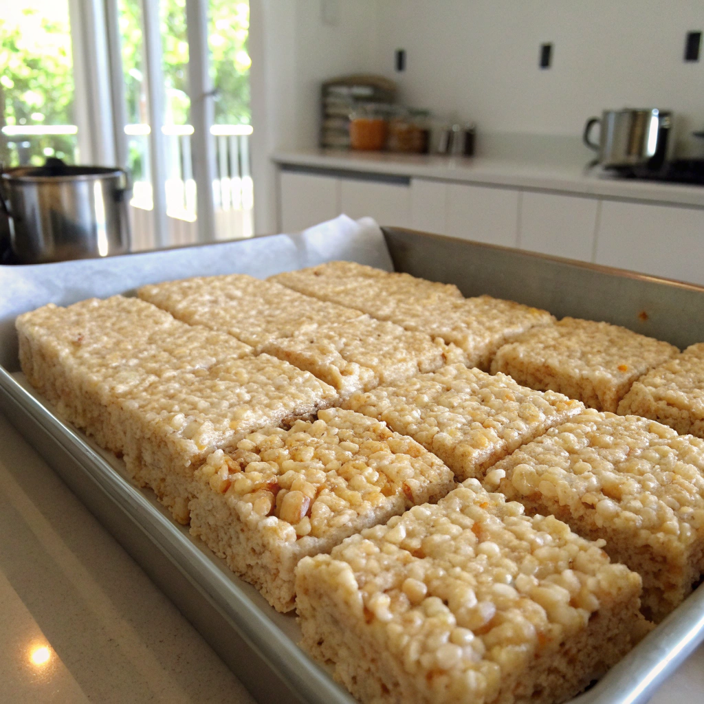 Rice krispie treats recipe with marshmallows and butter, perfectly pressed in pan with visible cereal pieces.