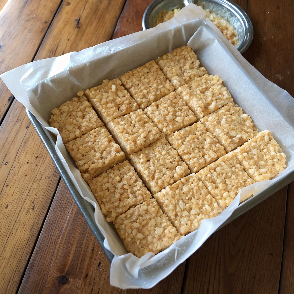 Rice krispie treats recipe with marshmallows, buttery treats with crispy cereal texture shown in golden pan.