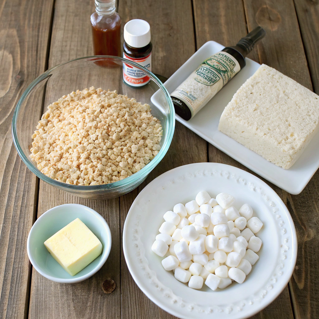 Rice krispie treats recipe ingredients: cereal, marshmallows, butter in flat lay with cooking supplies on rustic wood table.