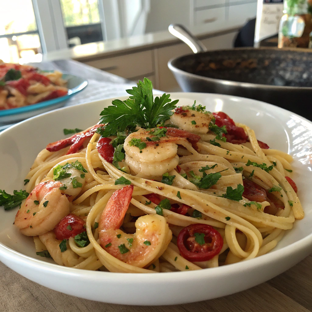 Shrimp pasta: linguine tossed with glossy sauce, plump shrimp, parsley & red pepper, beautifully composed in natural light.