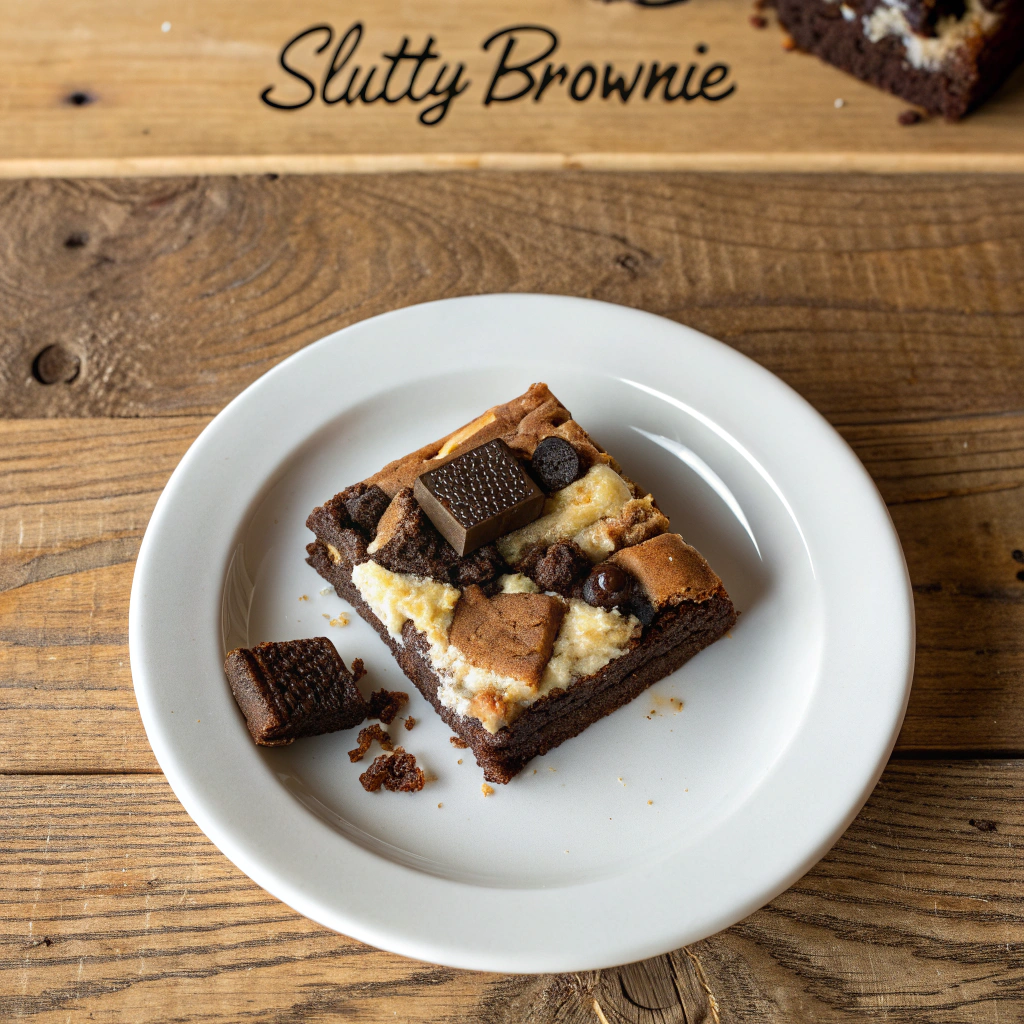 Overhead shot of Slutty Brownie dessert with melted chocolate chips, Oreo layer and fudgy brownie top on white plate, gooey layers shown.