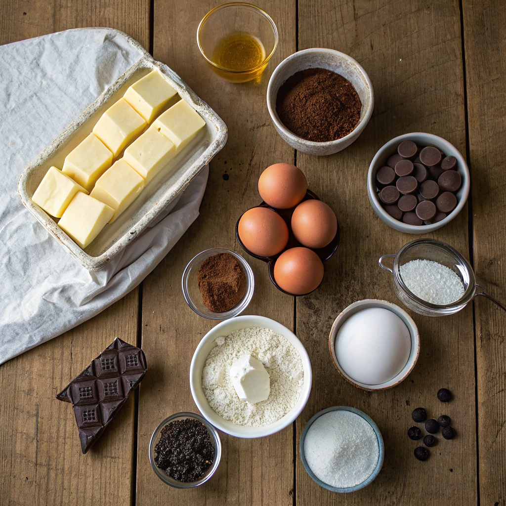 Slutty Brownie ingredients photo flat lay: butter, eggs, flour, sugars, vanilla, cocoa, chocolate chips, Oreos, baking essentials artfully arranged.