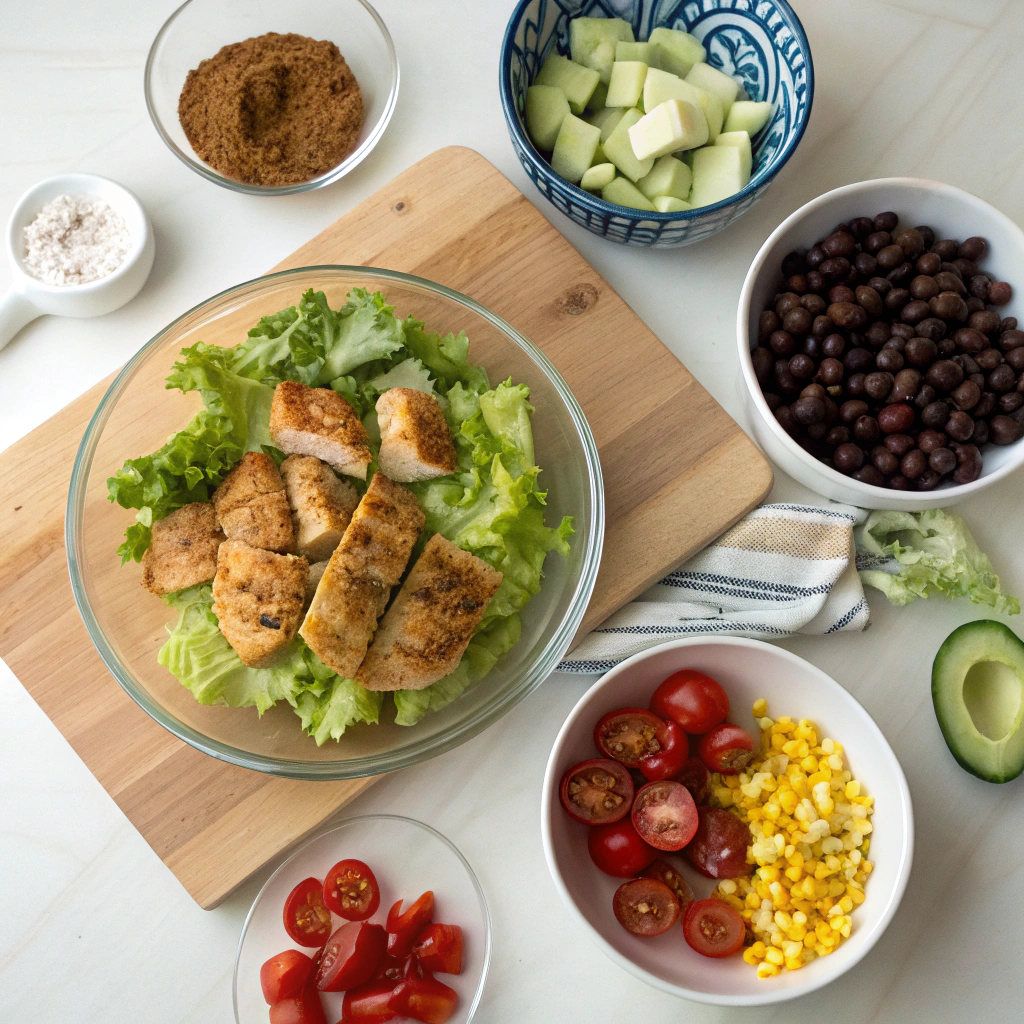 Southwest chicken salad ingredients - chicken, veggies, spices artfully arranged on white background. Appetizing composition for southwest salad recipe.