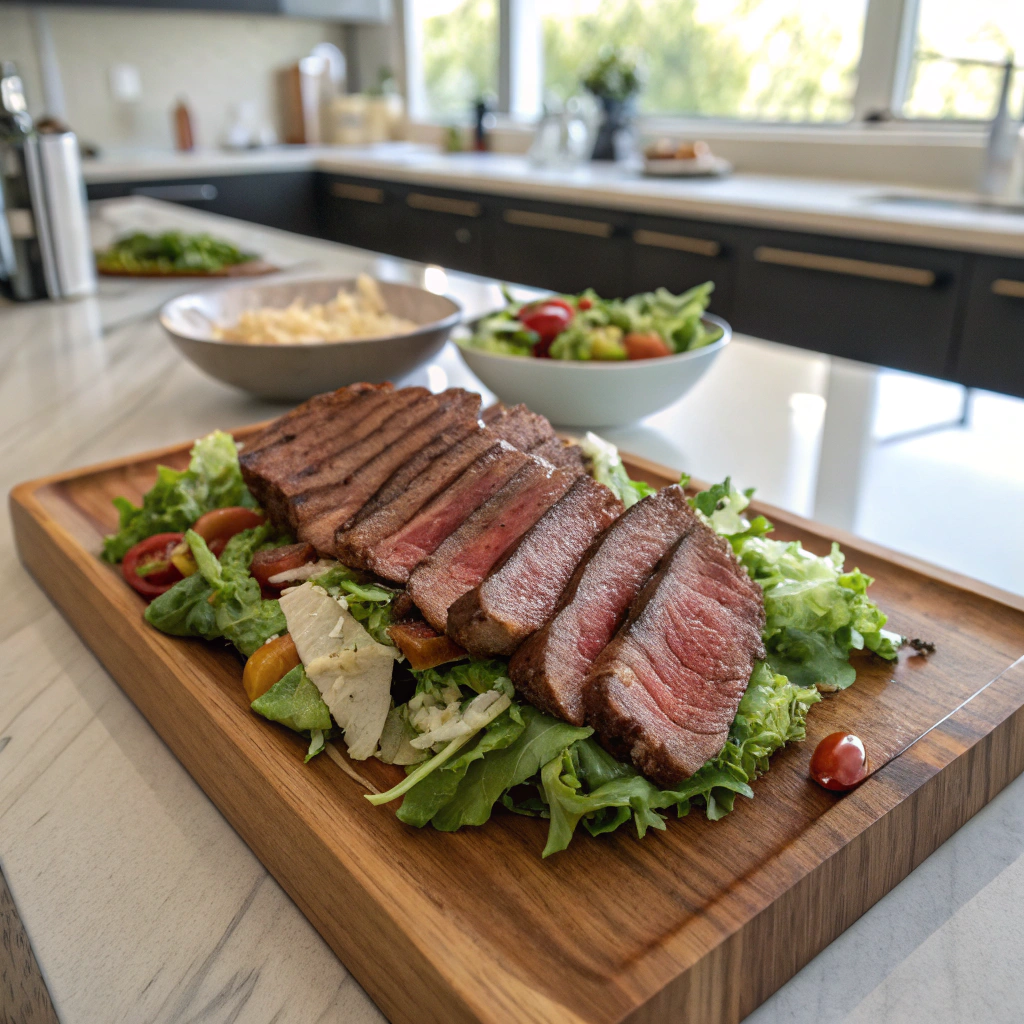 Steak salad with sliced medium-rare beef, arranged in fan pattern on cutting board, showcasing vibrant colors and textures.