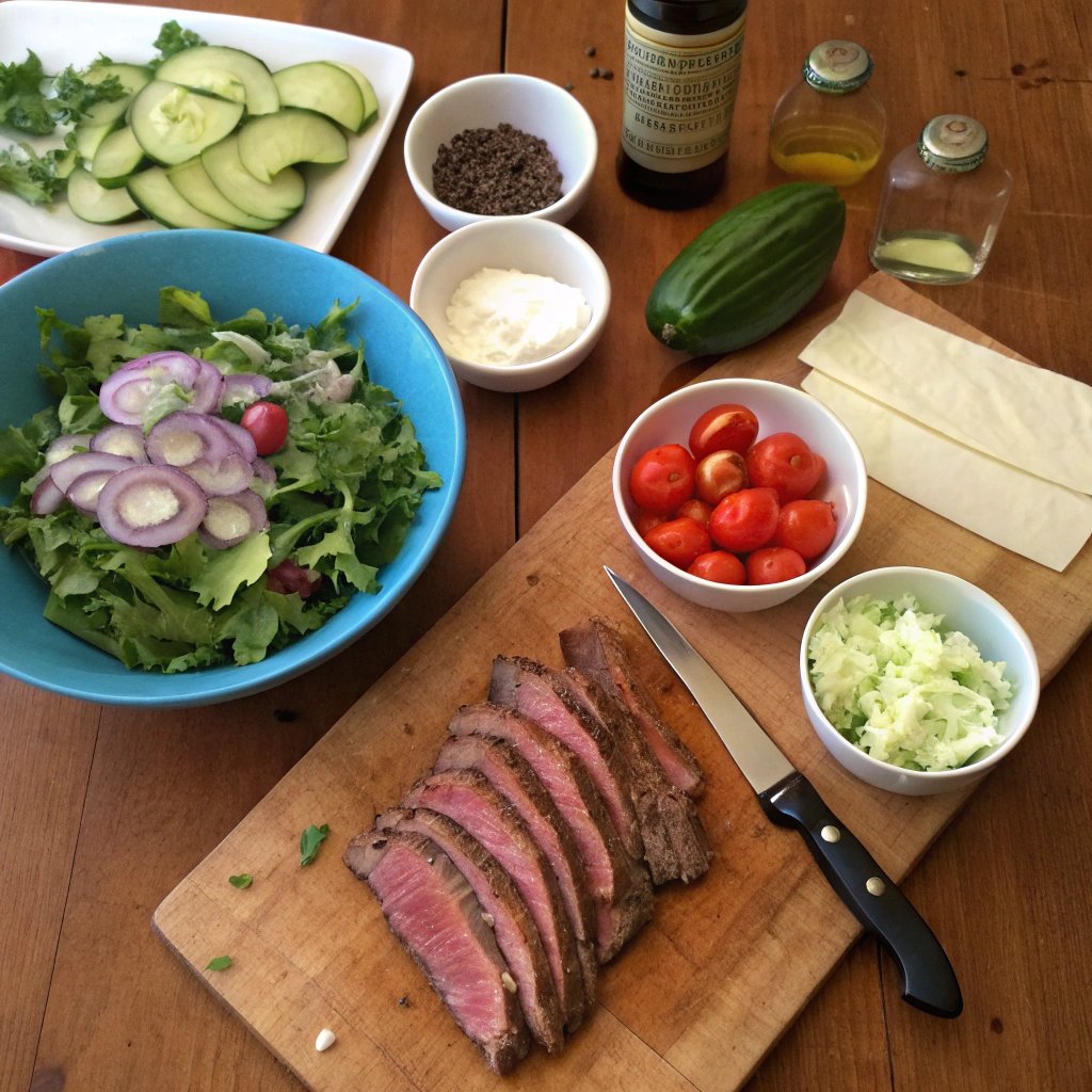 Steak salad ingredients beautifully arranged: raw steak, greens, tomatoes, onions, cucumber, blue cheese, avocado, condiments. Rustic flatlay composition.