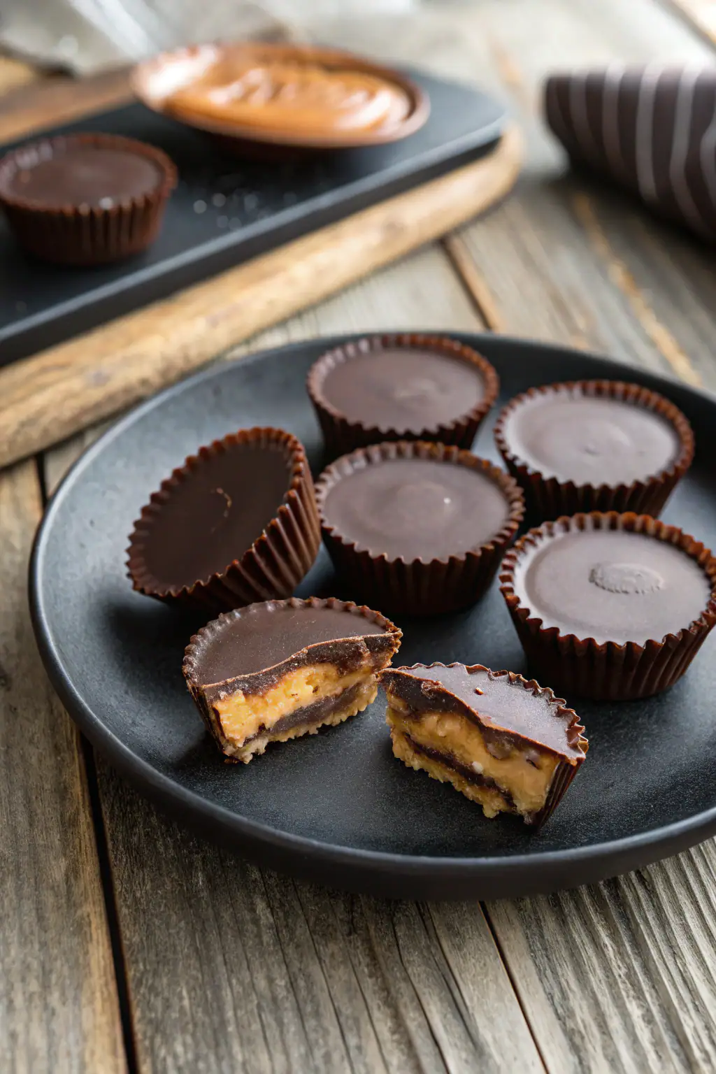 sugar free candy peanut butter cups, glossy layered candies on black plate, rustic wood table