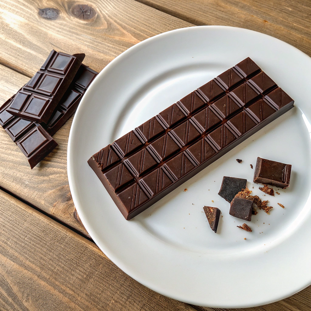 Sugar free chocolate bar with coconut milk, crunchy snap lines on glossy surface, broken pieces reveal rich texture