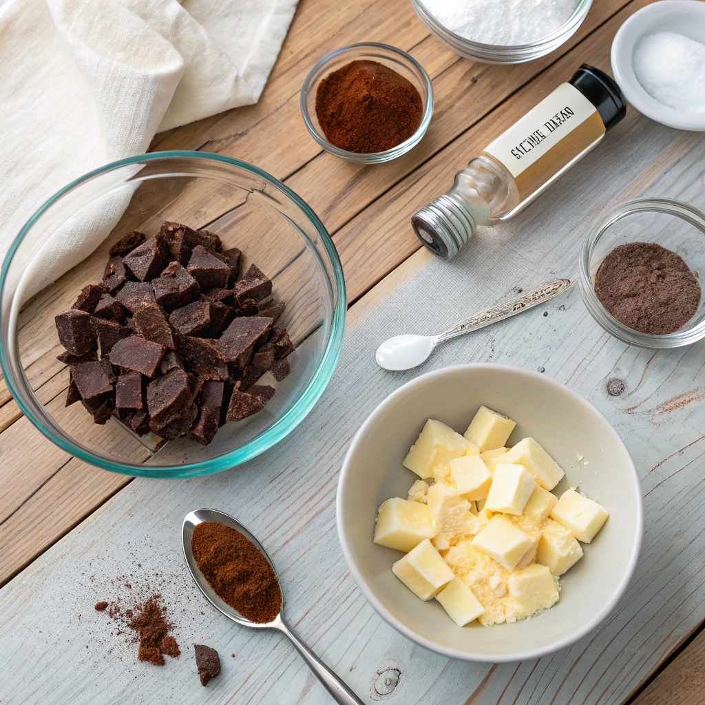 Sugar free chocolate made with cacao, monk fruit sweetener, vanilla, salt and lecithin. Flat lay of prep ingredients on rustic table.