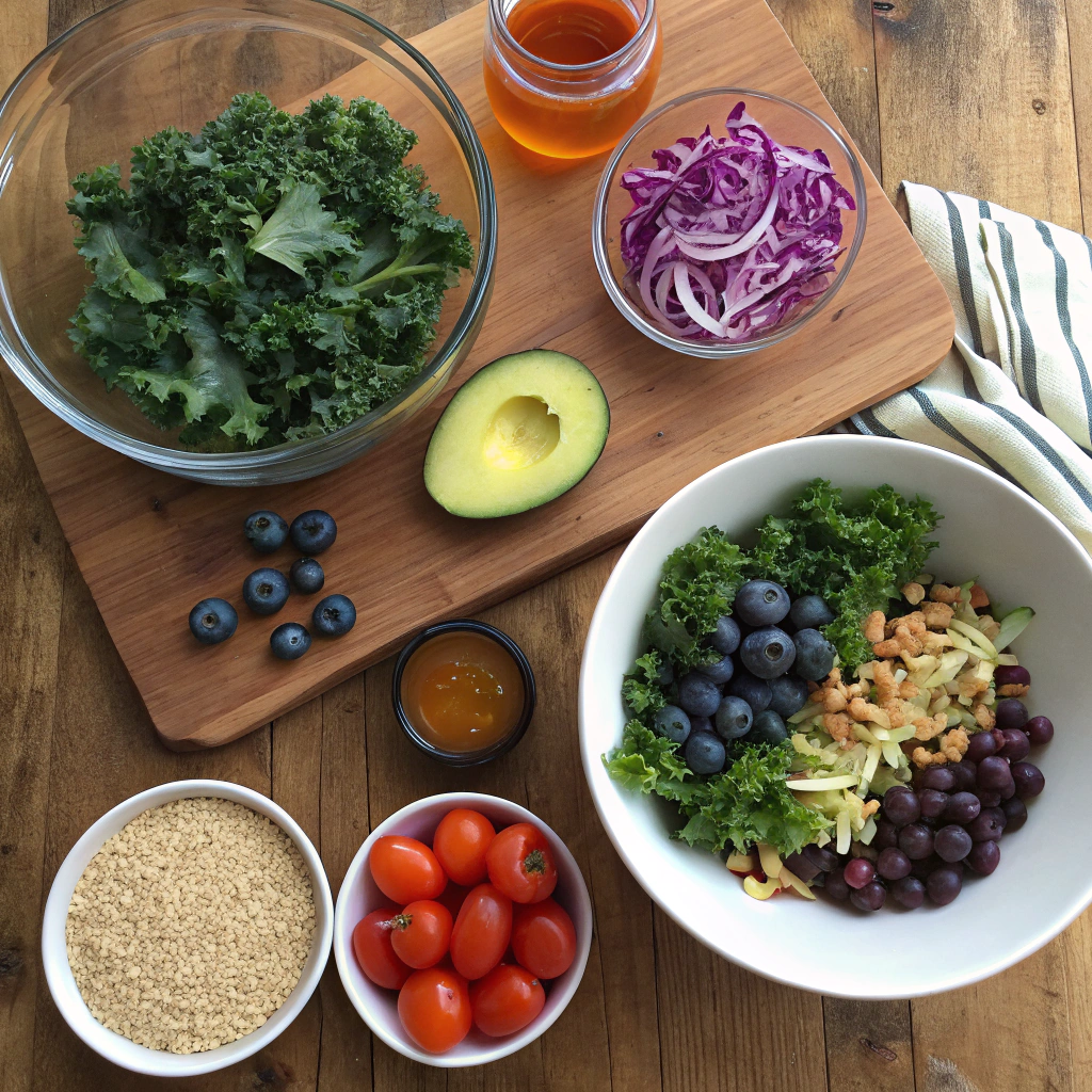 Superfood salad ingredients flatlay with kale, quinoa, blueberries, avocado, tomatoes, cabbage, chickpeas, seeds, and dressing components arranged neatly.